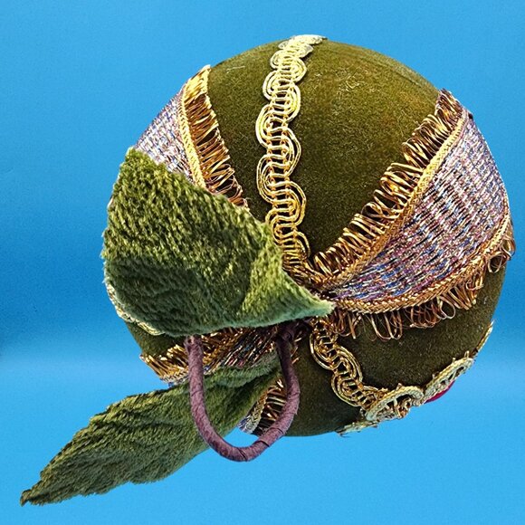 Vintage 1960s Spun Cotton Chenille Elf in Flocked Green Apple Ornament Japan - Picture 8 of 10